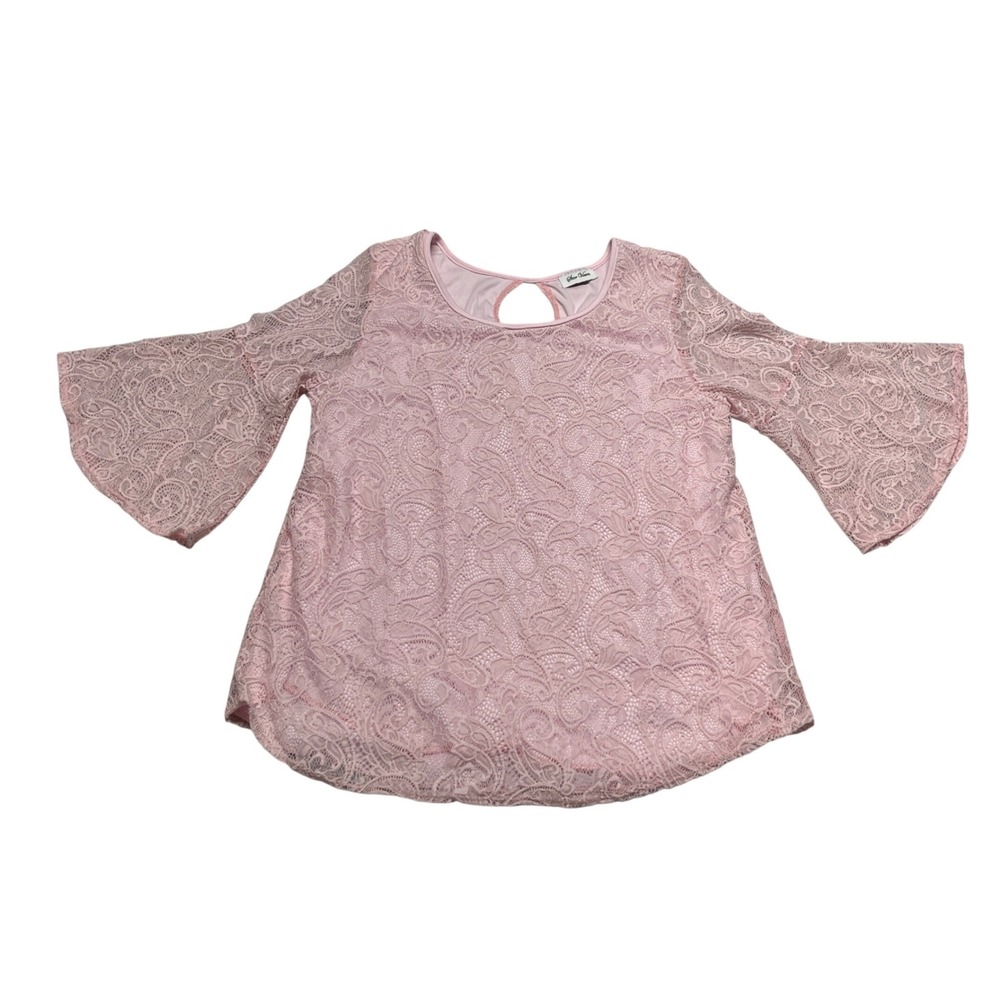 Star Vixen Womens Top 1X Pink 8508LAX Lace Bell Sleeve Keyhole Back‎